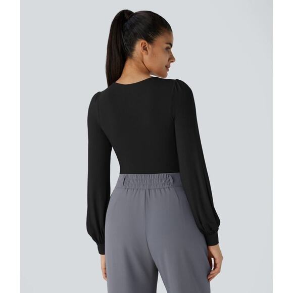 Halara Black V-Neck Long Sleeve Puff Sleeve Work Bodysuit Size Medium NEW - Picture 2 of 11